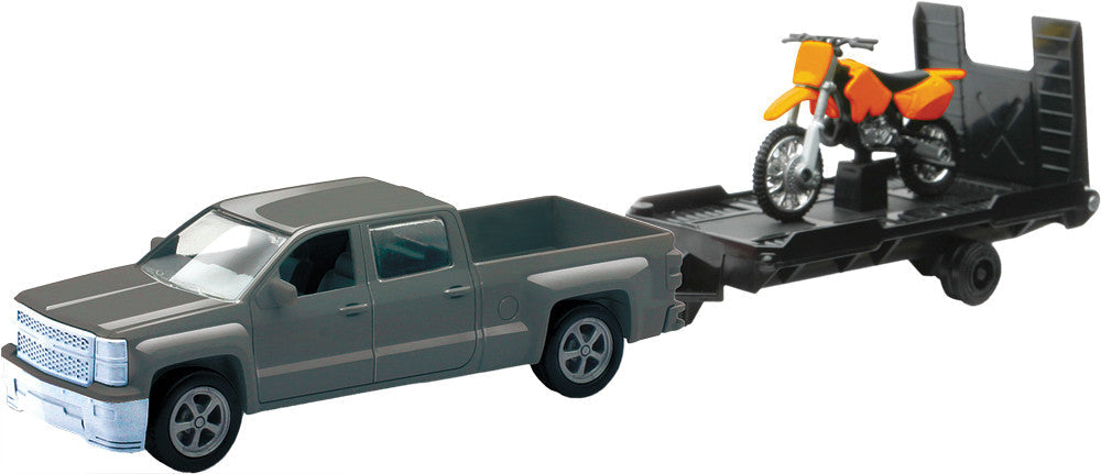 New-Ray Replica 1:43 Trk/trailer/bike Chevy Silver/bike Orange